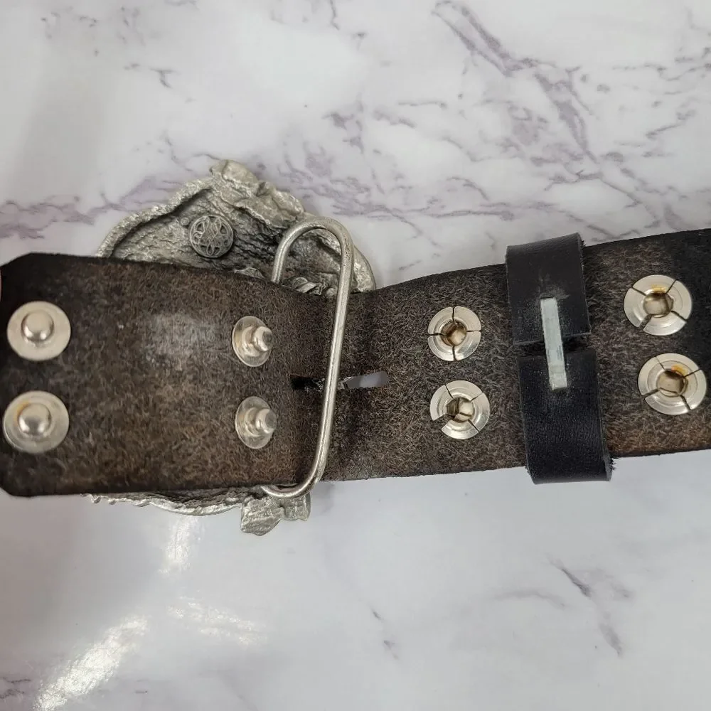 Bergamot Vintage 80s Black Leather Celtic Belt with Silver 2D Dragon Buckle